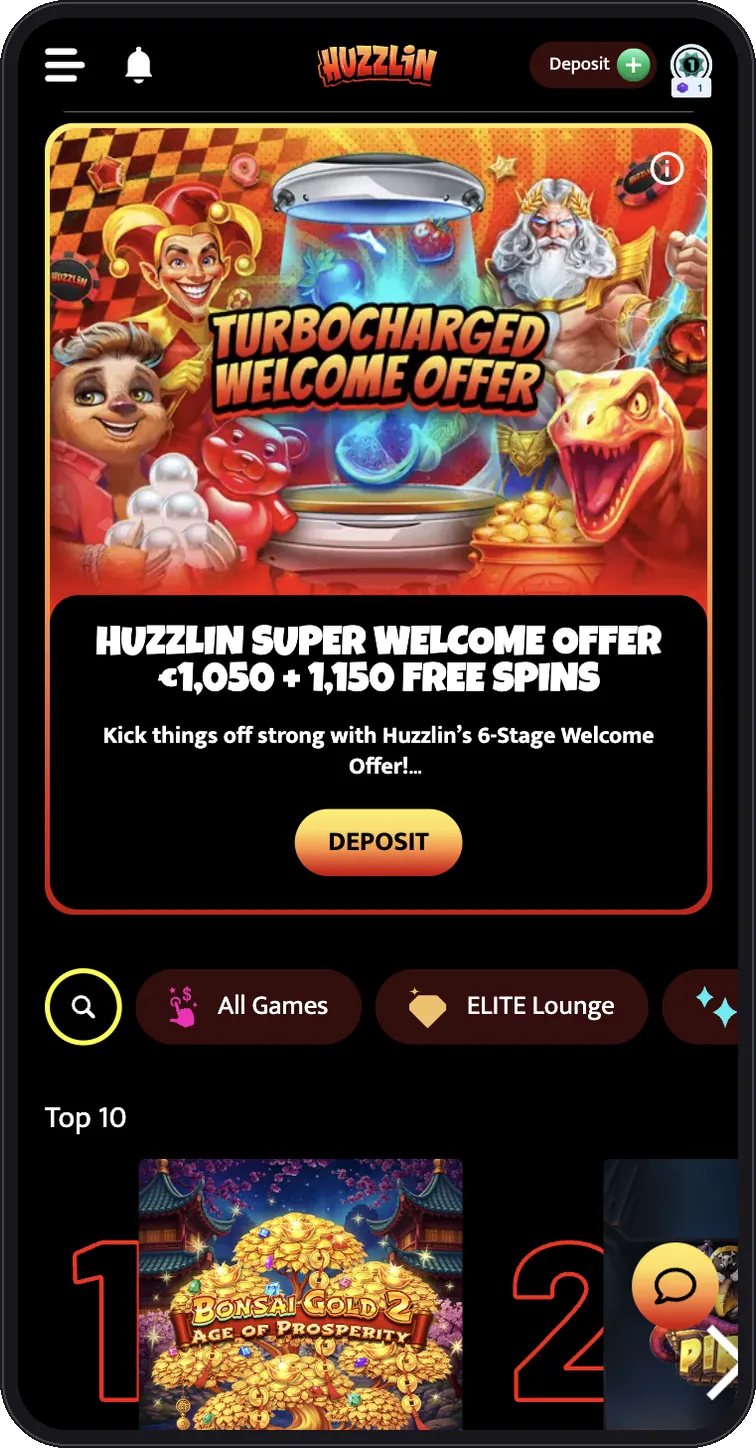 Huzzlin Casino mobile lobby with slots and live casino